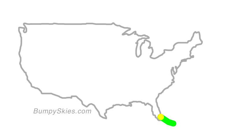 Map of continental US with illustrated flight path and turbulence forecast (described in text below)