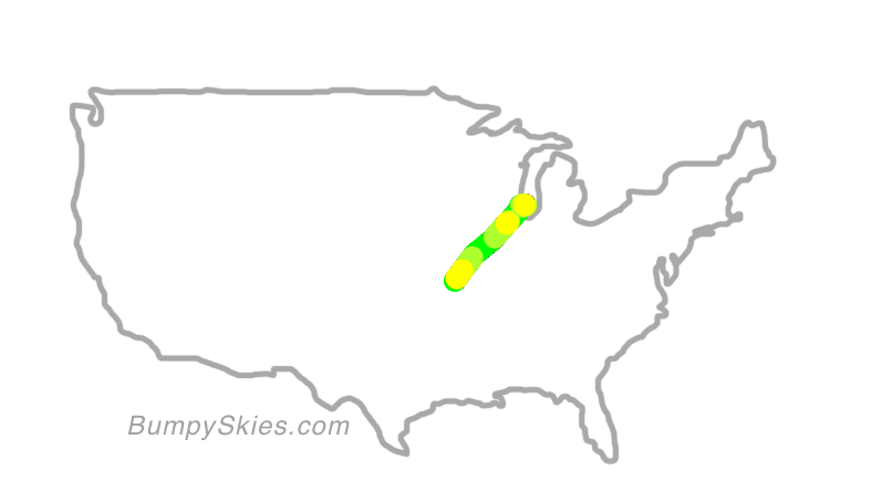 Map of continental US with illustrated flight path and turbulence forecast (described in text below)