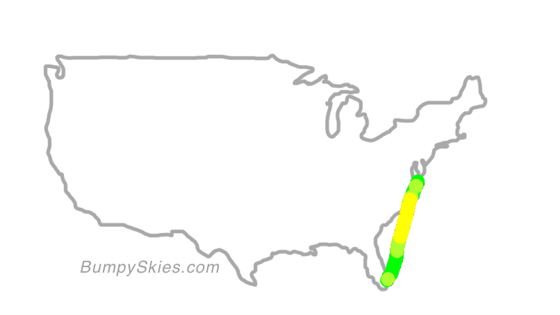 Map of continental US with illustrated flight path and turbulence forecast (described in text below)
