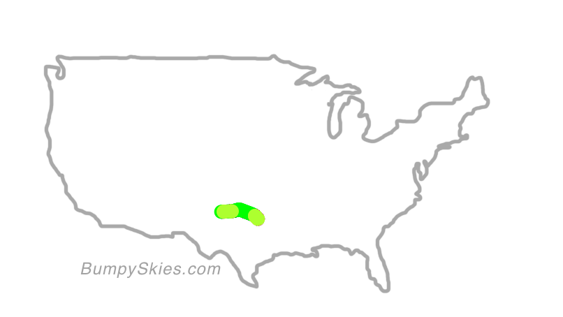 Map of continental US with illustrated flight path and turbulence forecast (described in text below)