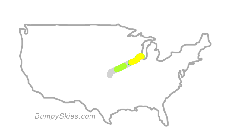 Map of continental US with illustrated flight path and turbulence forecast (described in text below)
