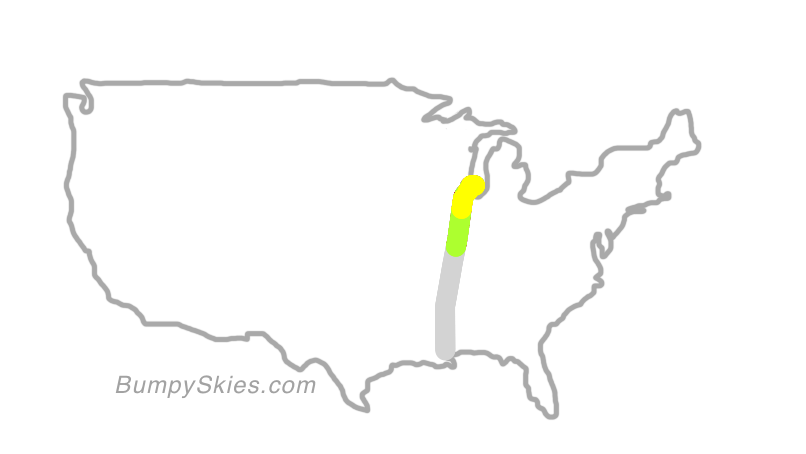Map of continental US with illustrated flight path and turbulence forecast (described in text below)