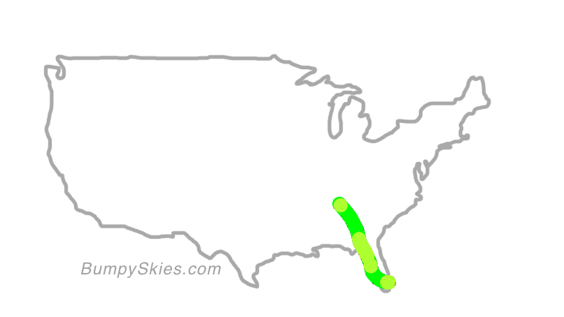 Map of continental US with illustrated flight path and turbulence forecast (described in text below)