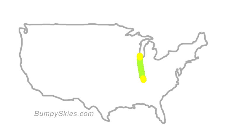 Map of continental US with illustrated flight path and turbulence forecast (described in text below)