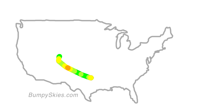 Map of continental US with illustrated flight path and turbulence forecast (described in text below)