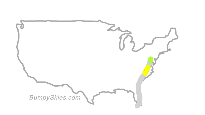 Map of continental US with illustrated flight path and turbulence forecast (described in text below)