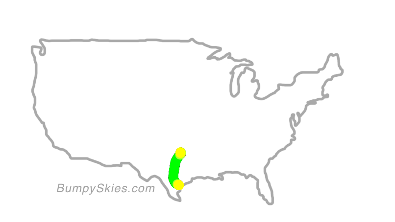 Map of continental US with illustrated flight path and turbulence forecast (described in text below)