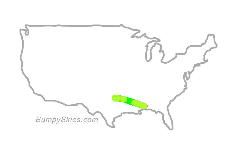 Map of continental US with illustrated flight path and turbulence forecast (described in text below)
