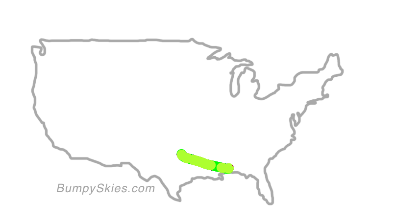 Map of continental US with illustrated flight path and turbulence forecast (described in text below)