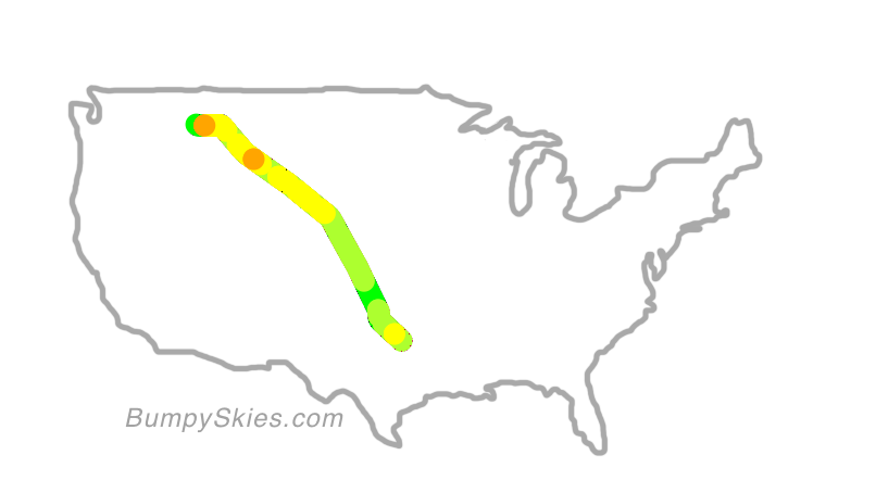 Map of continental US with illustrated flight path and turbulence forecast (described in text below)