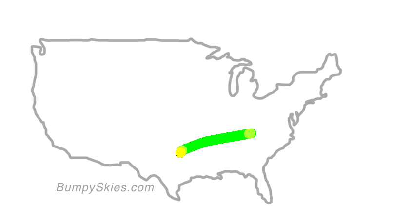 Map of continental US with illustrated flight path and turbulence forecast (described in text below)