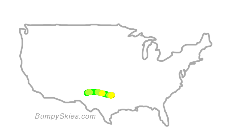 Map of continental US with illustrated flight path and turbulence forecast (described in text below)