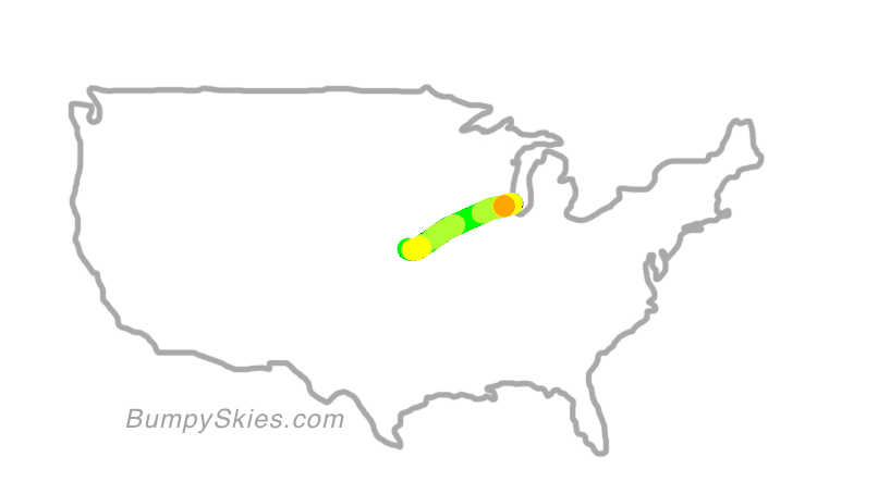 Map of continental US with illustrated flight path and turbulence forecast (described in text below)