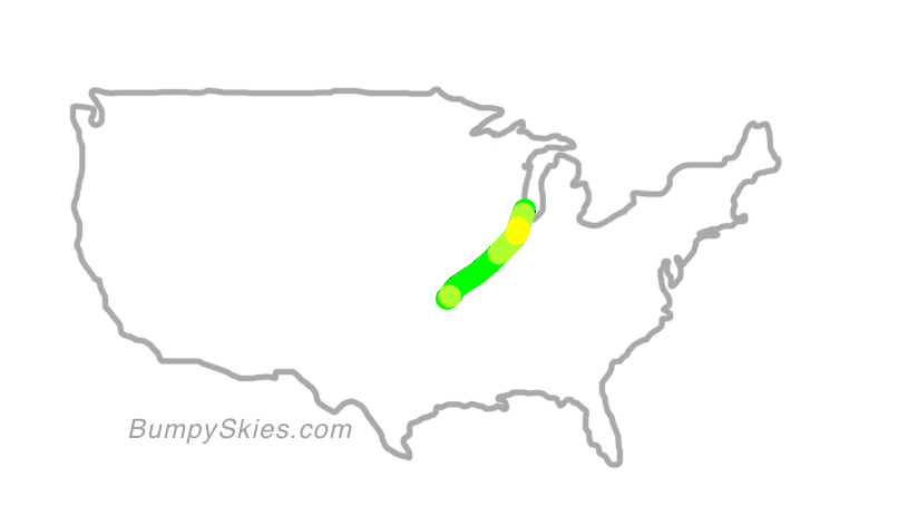Map of continental US with illustrated flight path and turbulence forecast (described in text below)