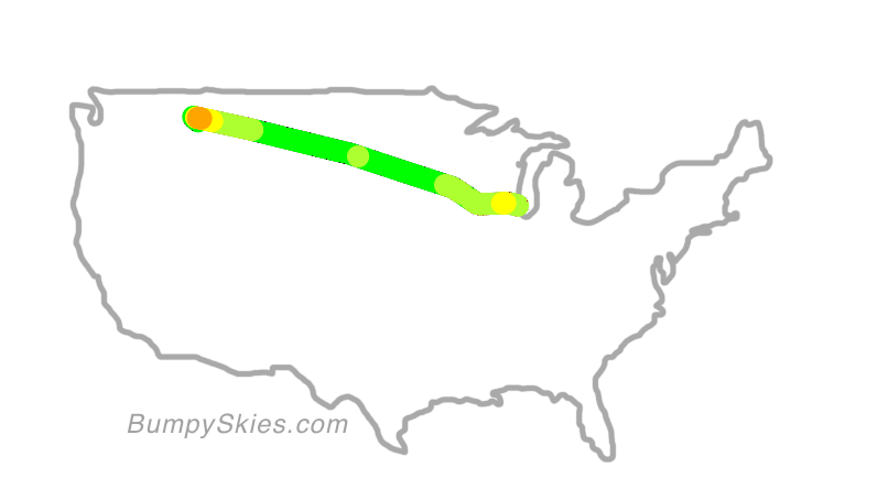 Map of continental US with illustrated flight path and turbulence forecast (described in text below)