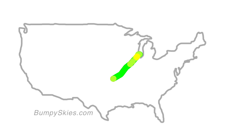 Map of continental US with illustrated flight path and turbulence forecast (described in text below)