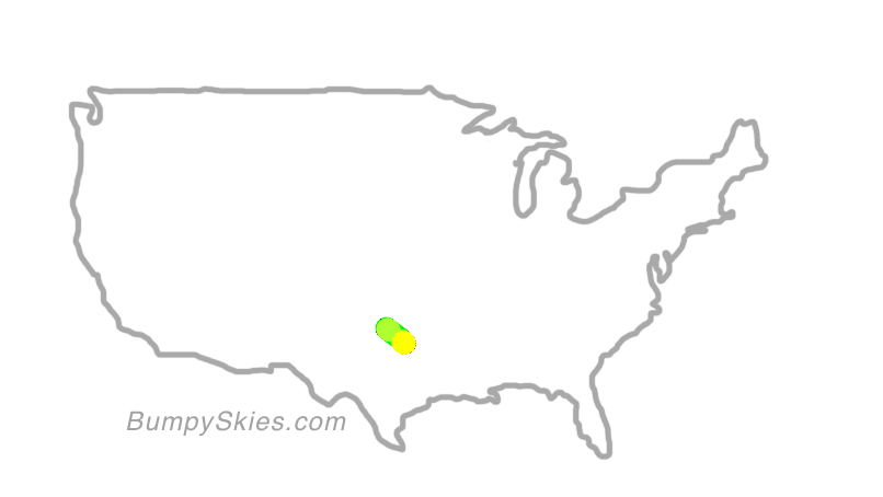 Map of continental US with illustrated flight path and turbulence forecast (described in text below)