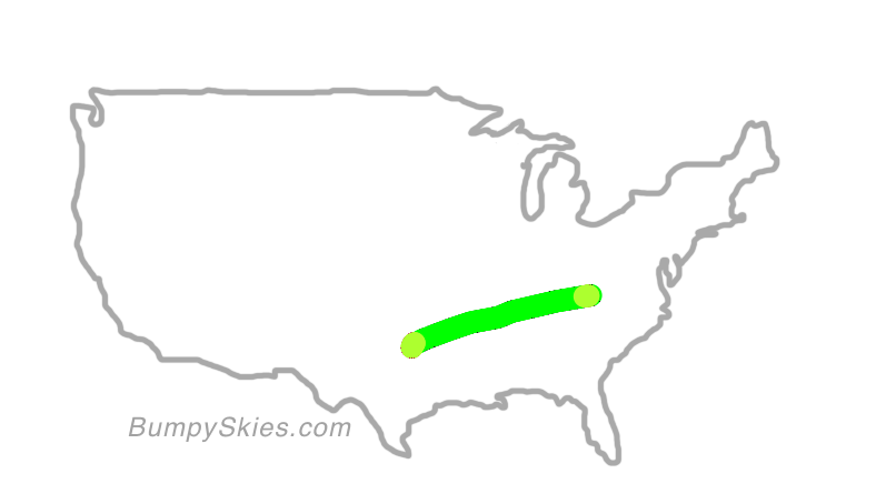 Map of continental US with illustrated flight path and turbulence forecast (described in text below)