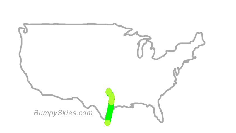 Map of continental US with illustrated flight path and turbulence forecast (described in text below)