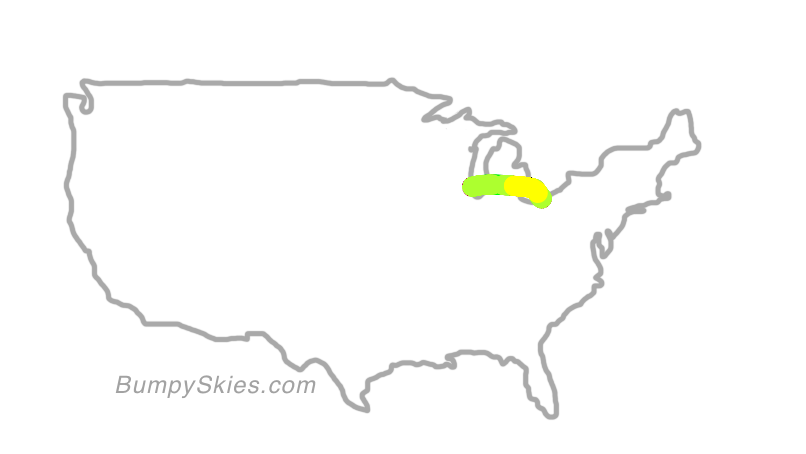Map of continental US with illustrated flight path and turbulence forecast (described in text below)
