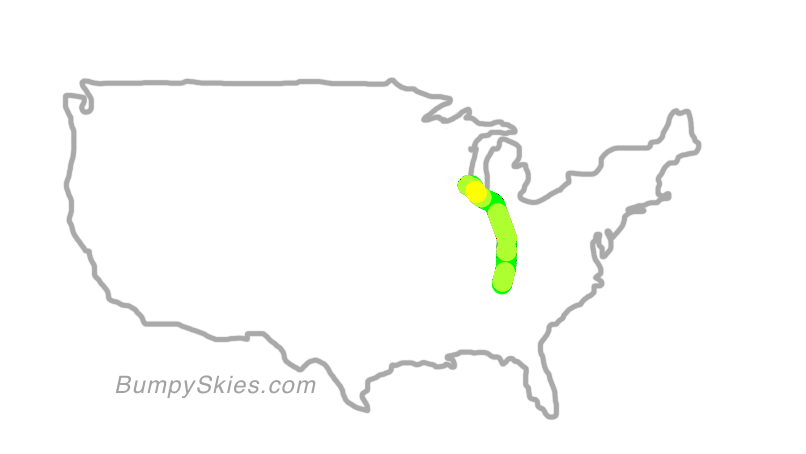 Map of continental US with illustrated flight path and turbulence forecast (described in text below)