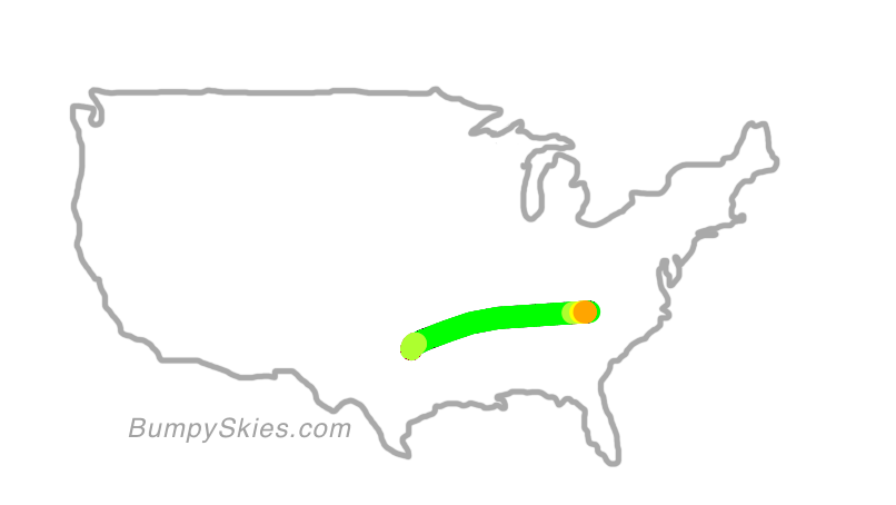 Map of continental US with illustrated flight path and turbulence forecast (described in text below)