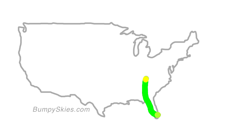Map of continental US with illustrated flight path and turbulence forecast (described in text below)