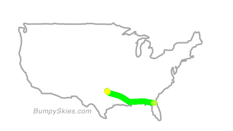 Map of continental US with illustrated flight path and turbulence forecast (described in text below)