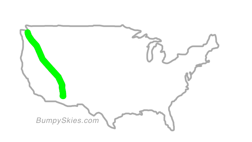 Map of continental US with illustrated flight path and turbulence forecast (described in text below)