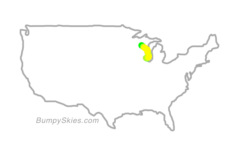 Map of continental US with illustrated flight path and turbulence forecast (described in text below)