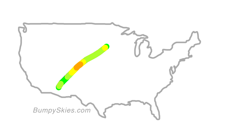 Map of continental US with illustrated flight path and turbulence forecast (described in text below)