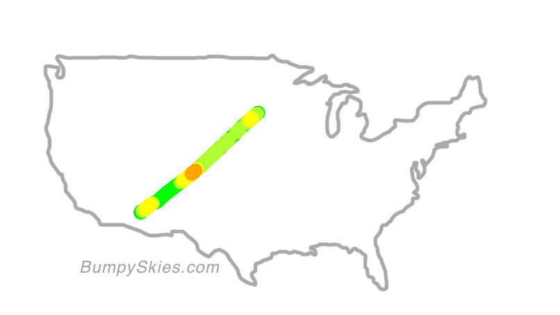 Map of continental US with illustrated flight path and turbulence forecast (described in text below)