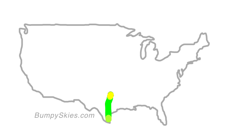 Map of continental US with illustrated flight path and turbulence forecast (described in text below)