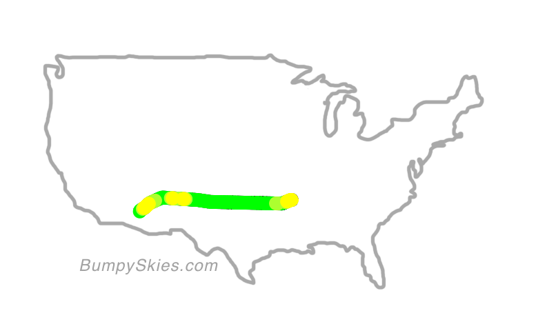 Map of continental US with illustrated flight path and turbulence forecast (described in text below)