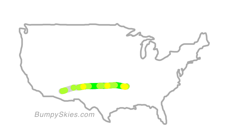 Map of continental US with illustrated flight path and turbulence forecast (described in text below)