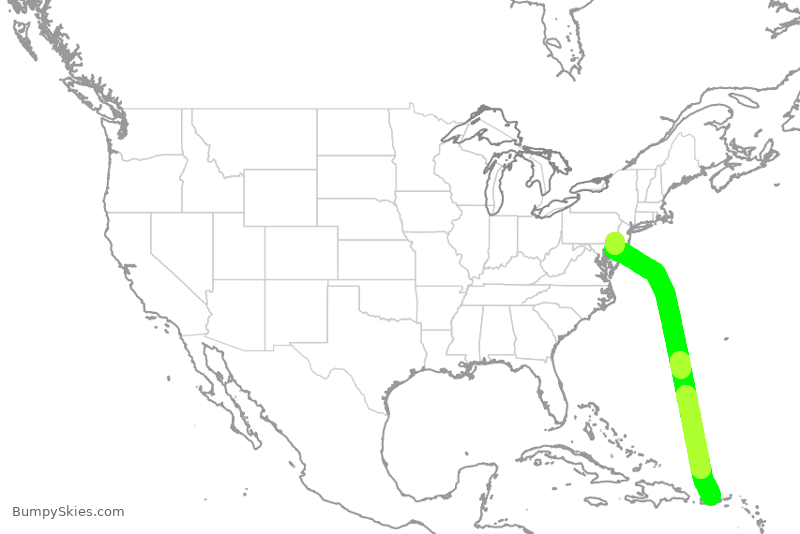 Turbulence forecast map for FFT1016, PHL to SJU