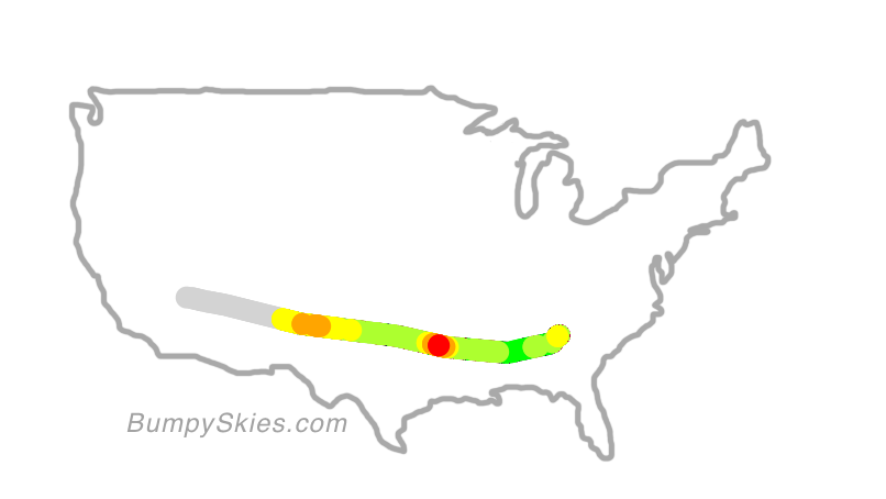 Map of continental US with illustrated flight path and turbulence forecast (described in text below)