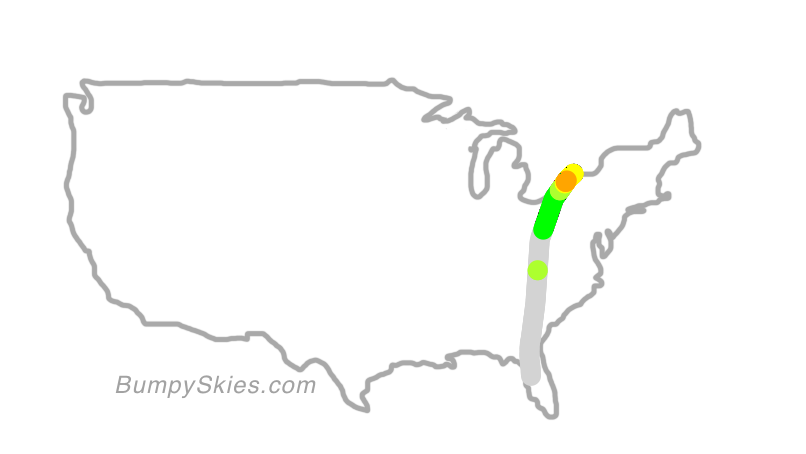 Map of continental US with illustrated flight path and turbulence forecast (described in text below)