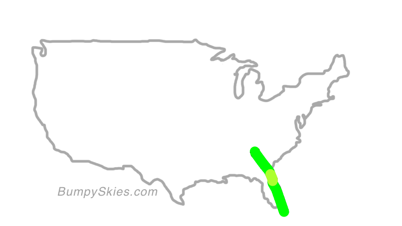 Map of continental US with illustrated flight path and turbulence forecast (described in text below)