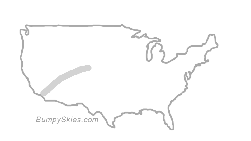 Map of continental US with illustrated flight path and turbulence forecast (described in text below)