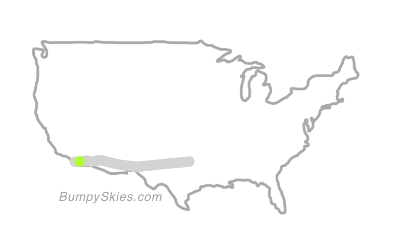 Map of continental US with illustrated flight path and turbulence forecast (described in text below)