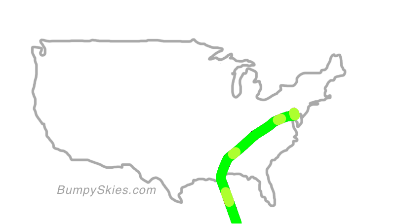 Map of continental US with illustrated flight path and turbulence forecast (described in text below)