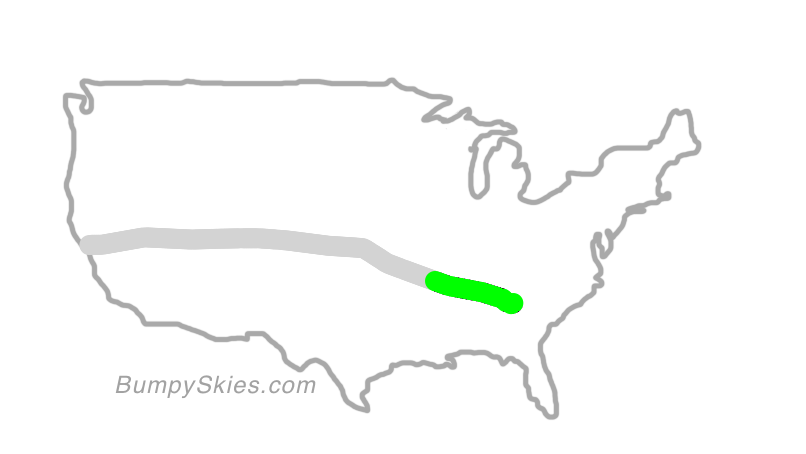 Map of continental US with illustrated flight path and turbulence forecast (described in text below)