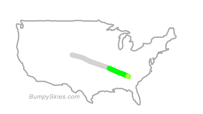 Map of continental US with illustrated flight path and turbulence forecast (described in text below)