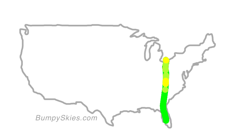 Map of continental US with illustrated flight path and turbulence forecast (described in text below)