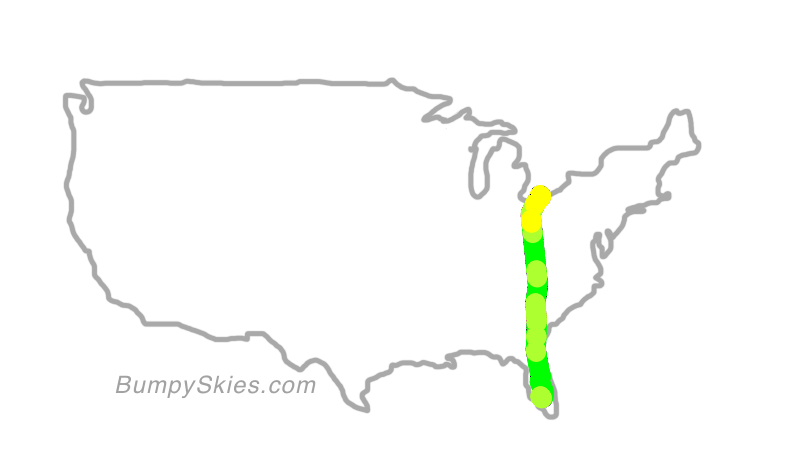 Map of continental US with illustrated flight path and turbulence forecast (described in text below)