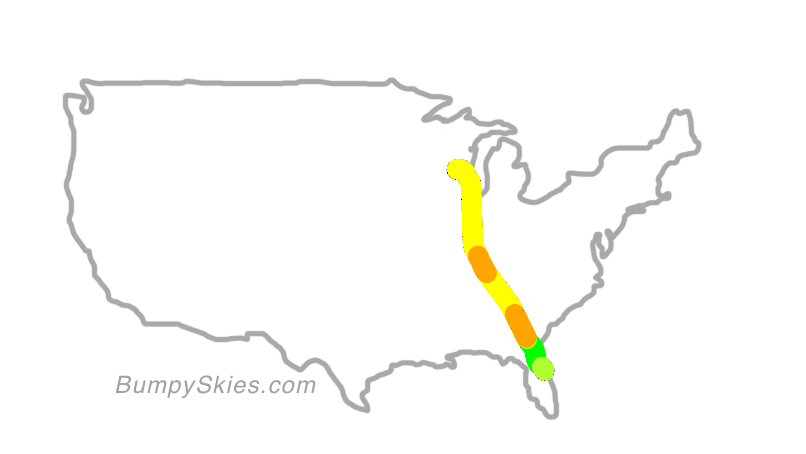 Map of continental US with illustrated flight path and turbulence forecast (described in text below)