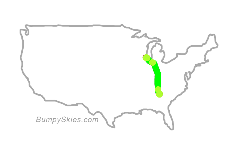 Map of continental US with illustrated flight path and turbulence forecast (described in text below)