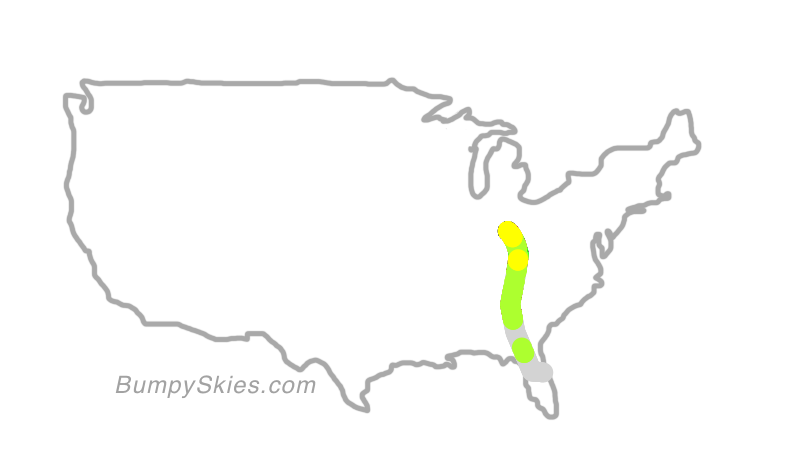 Map of continental US with illustrated flight path and turbulence forecast (described in text below)