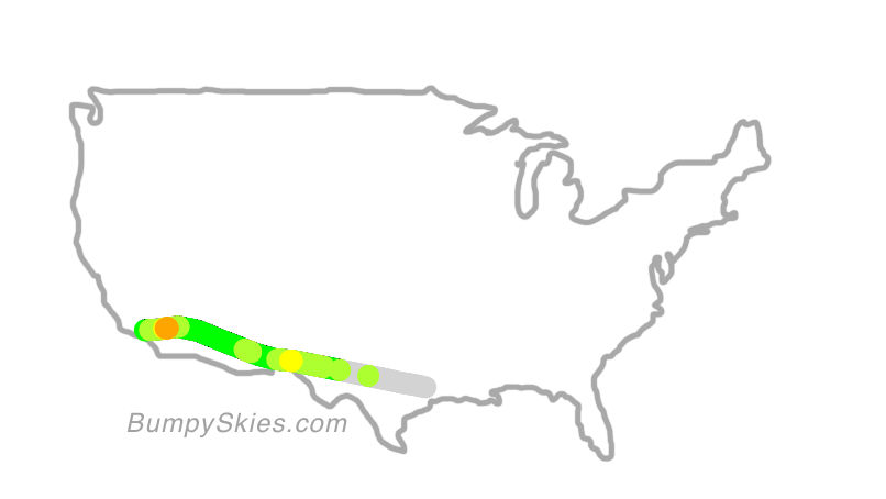 Map of continental US with illustrated flight path and turbulence forecast (described in text below)
